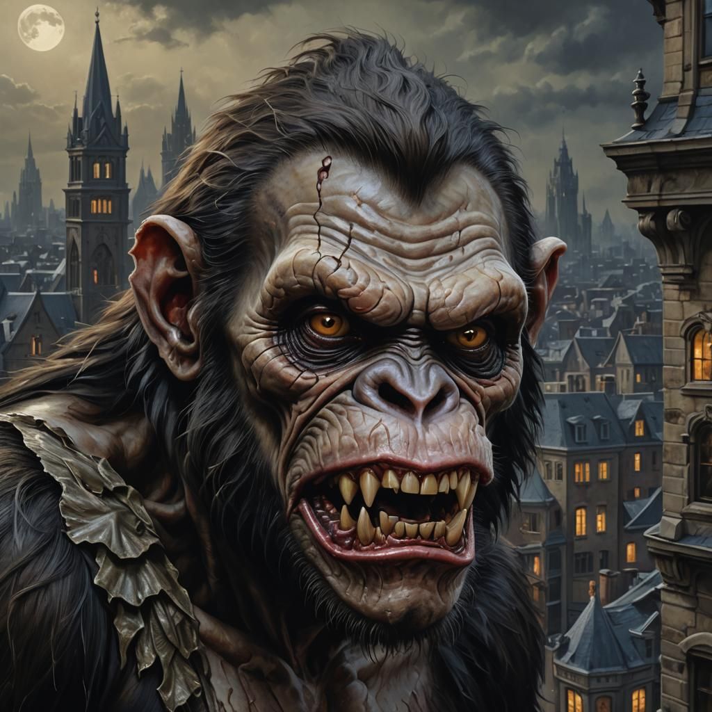 Anthropomorphic Ape in Gothic Cityscape, Digital Oil Paintin...