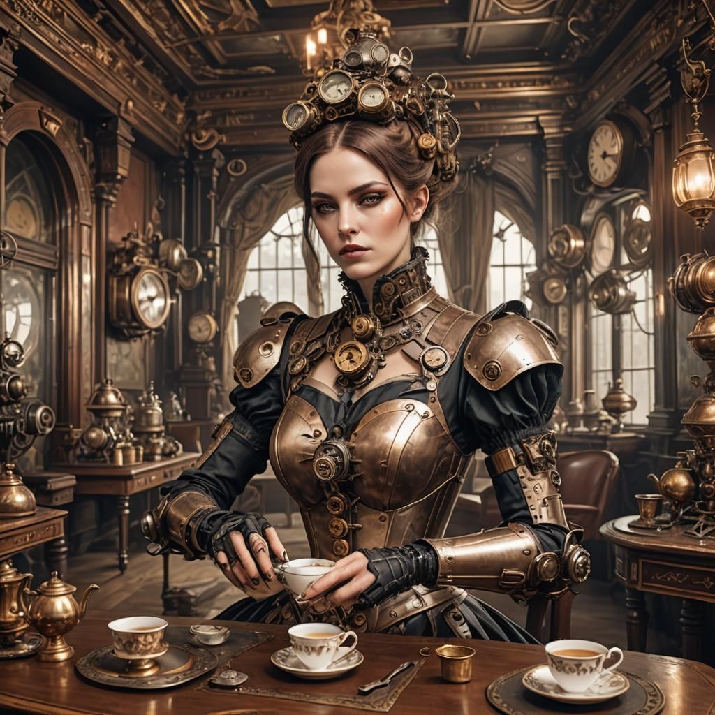 Victorian Steampunk Cyborg Takes Tea