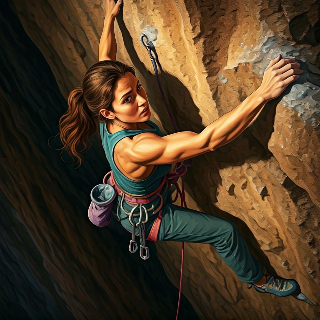 Rock Climber Ascending Cliff in Oil Paint Style
