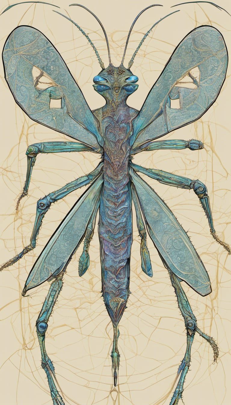 Praying Mantis with Quantum Zentangle and Chrysanthemum