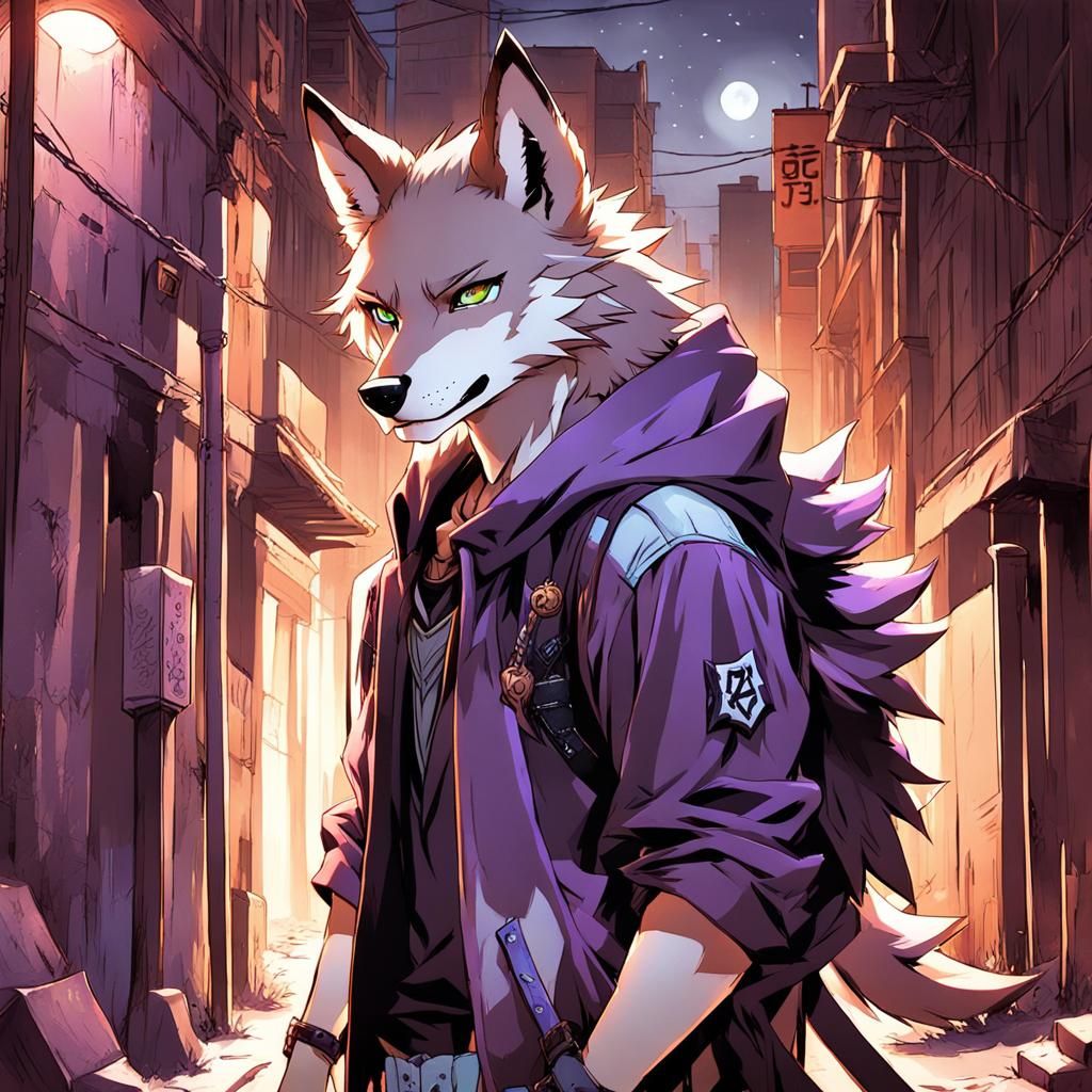 Anime Boy with Wolf Ears in Moonlit Alley