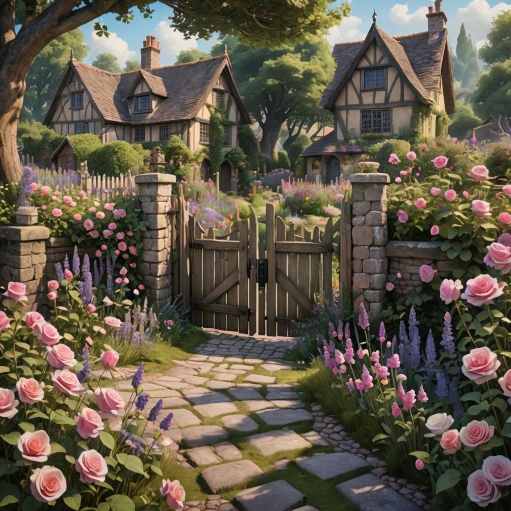 Charming English Cottage Garden in Watercolor Style