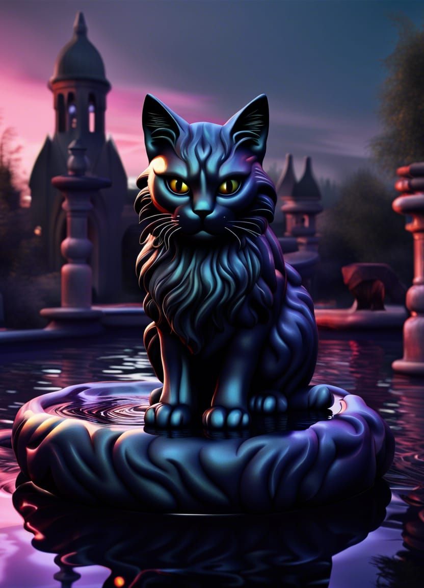 Gothic Cat at Sunset: A Detailed Matte Painting