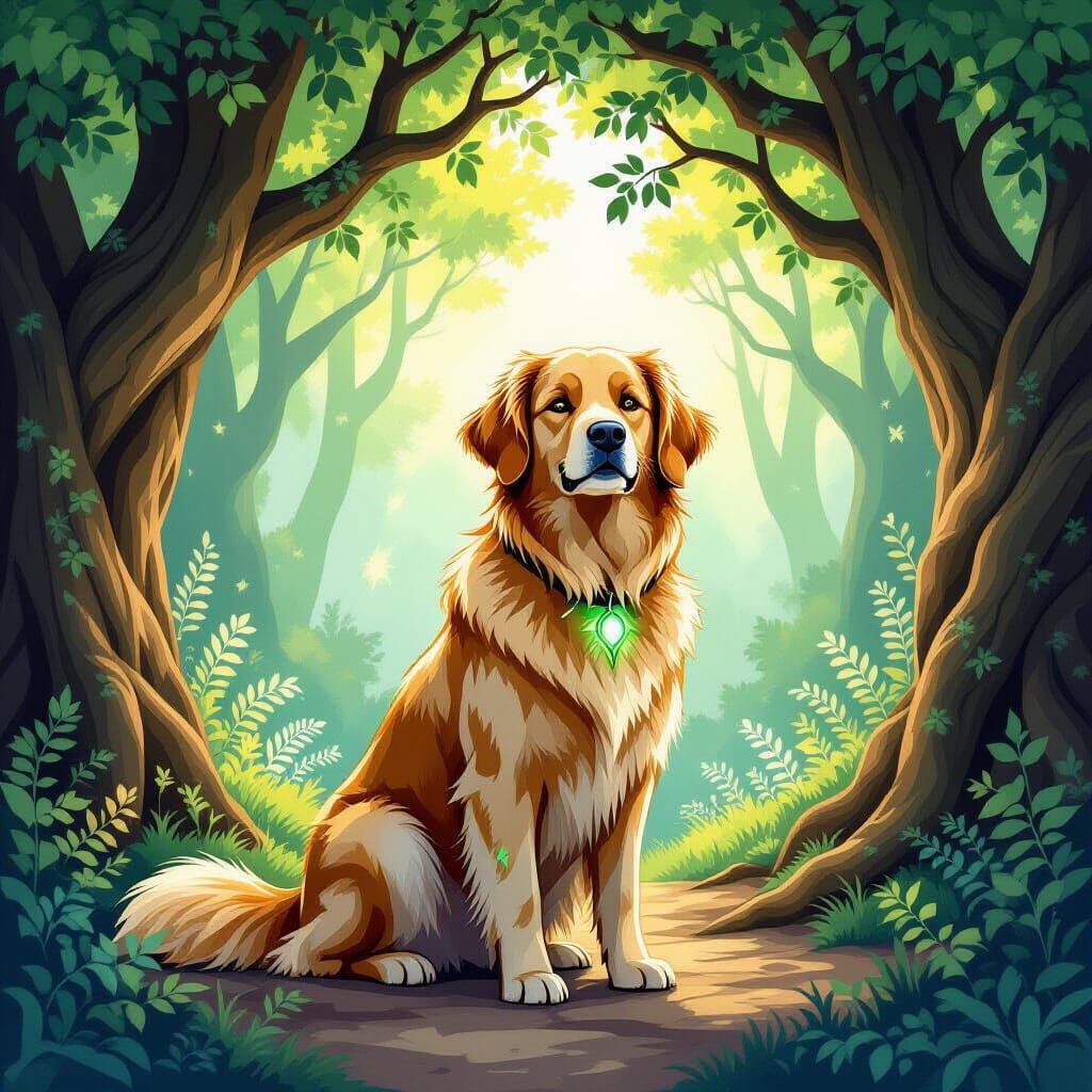 Bioluminescent Golden Retriever Guards Enchanted Forest Grov...