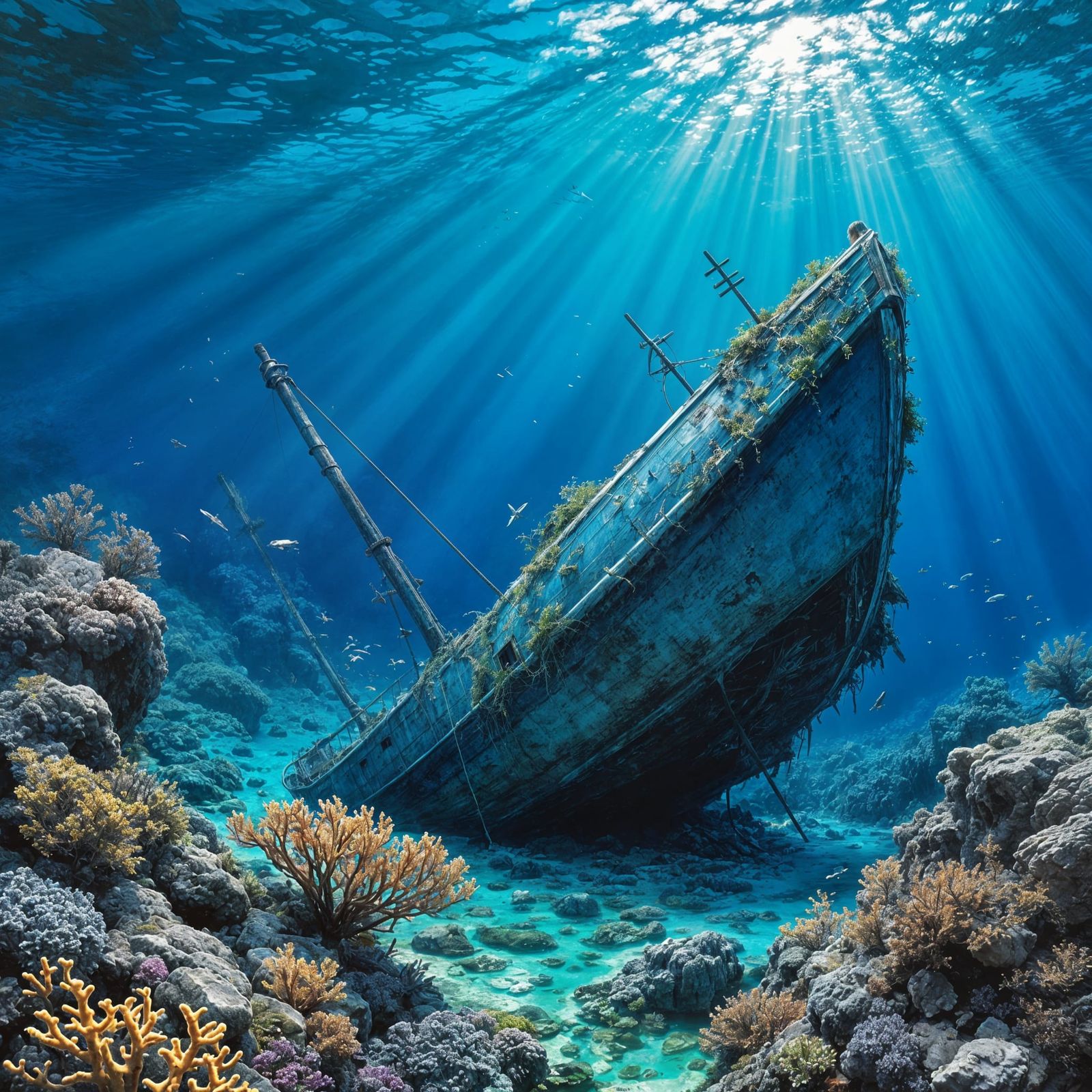 Sunken Blue Boat in Lagoon: Detailed Illustration