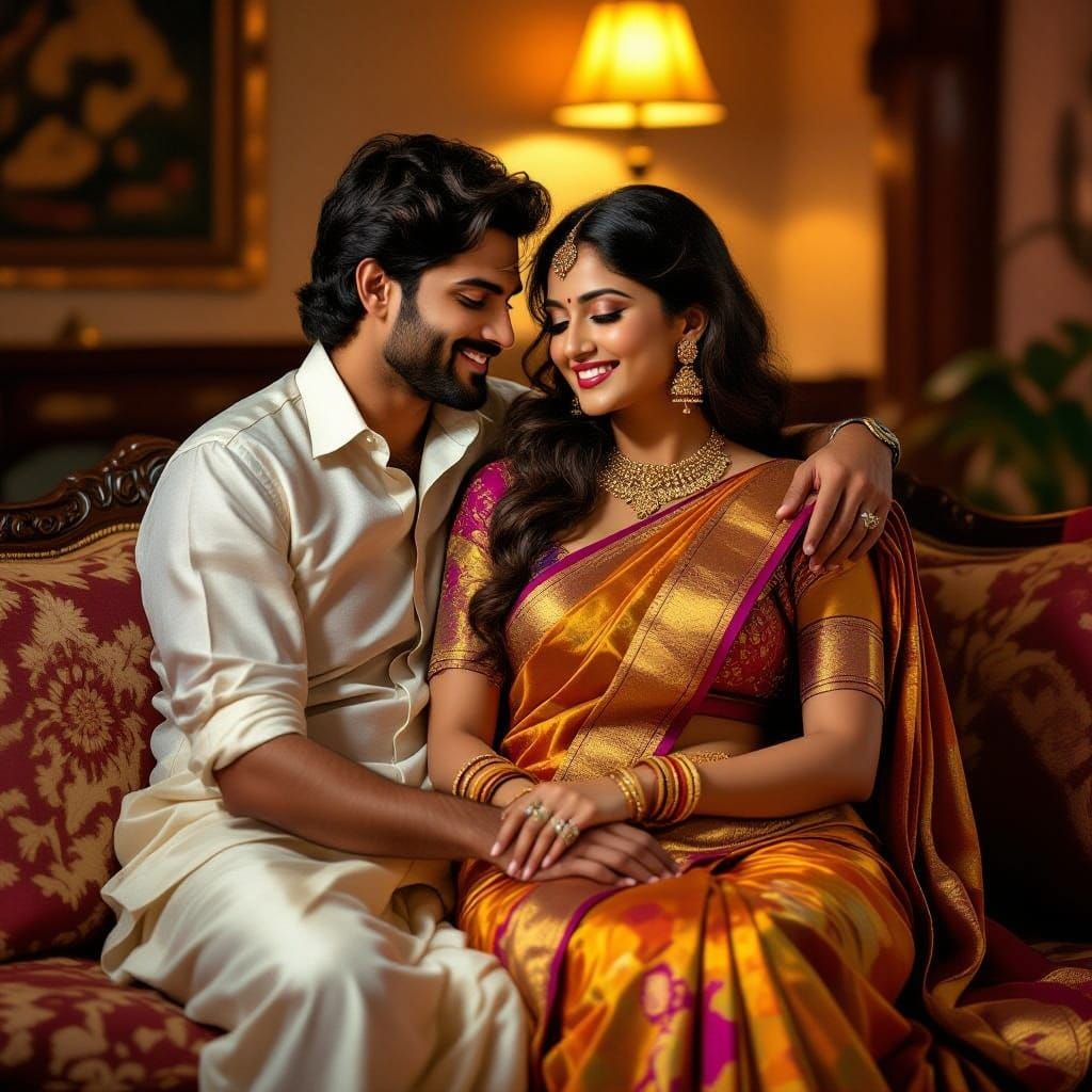 Indian Woman with Man in Raja Ravi Varma Style