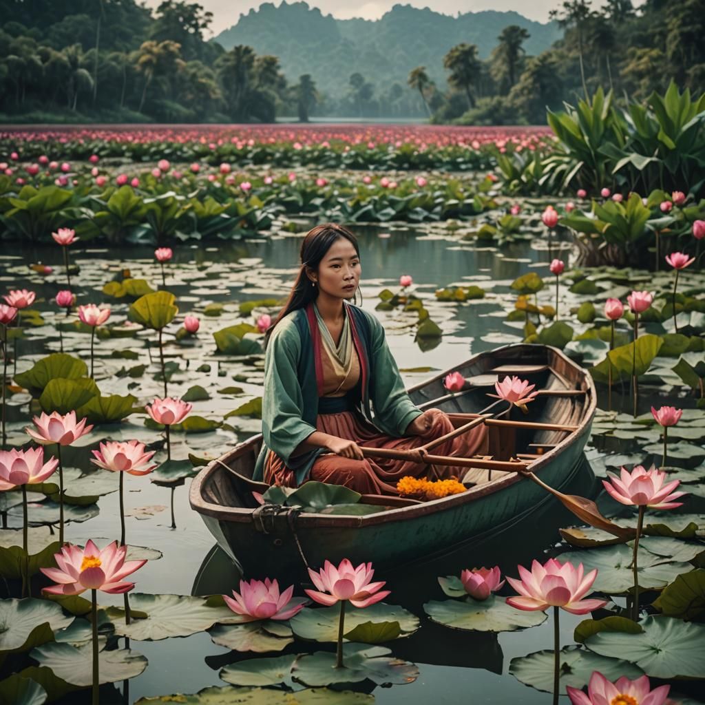 Cinematic Lotus Lake Scene with Young Girl