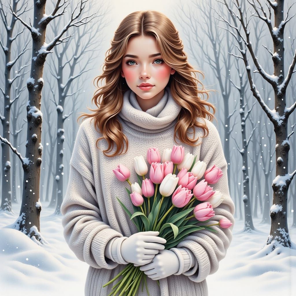 Woman in Snowy Forest Holding Winter Tulips Sketch