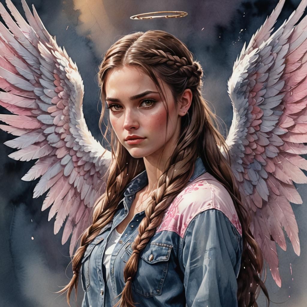 Watercolor Angel with Brown Hair and Wings