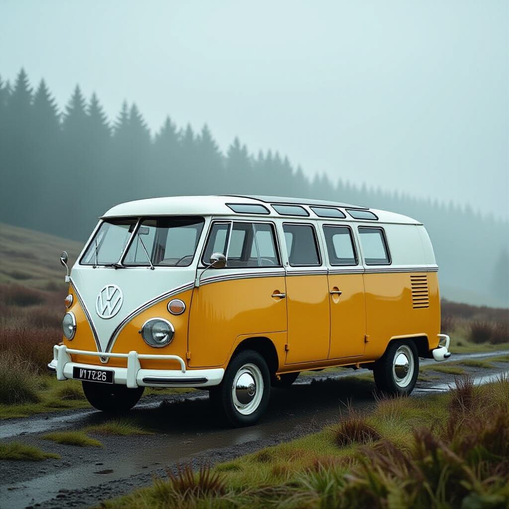 Vintage Volkswagen Car in Misty Landscape