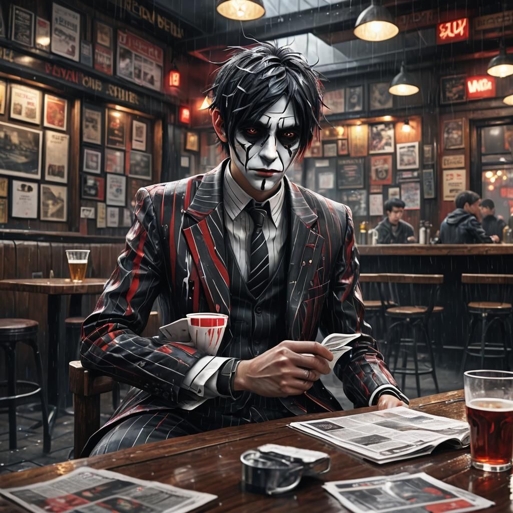 Emo Man Reading Newspaper in Rainy Pub, Detailed Painting