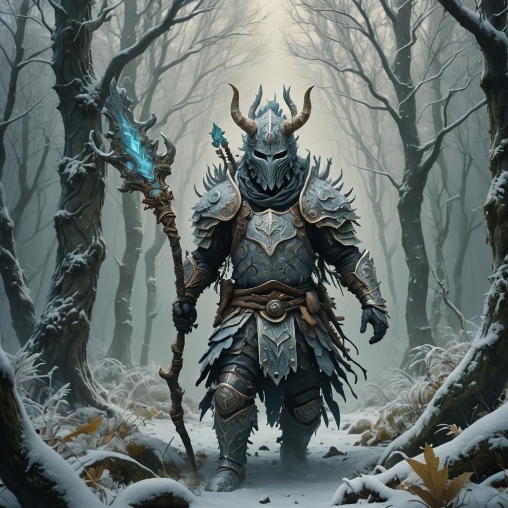 Frost Warrior in Misty Forest, Digital Matte Painting