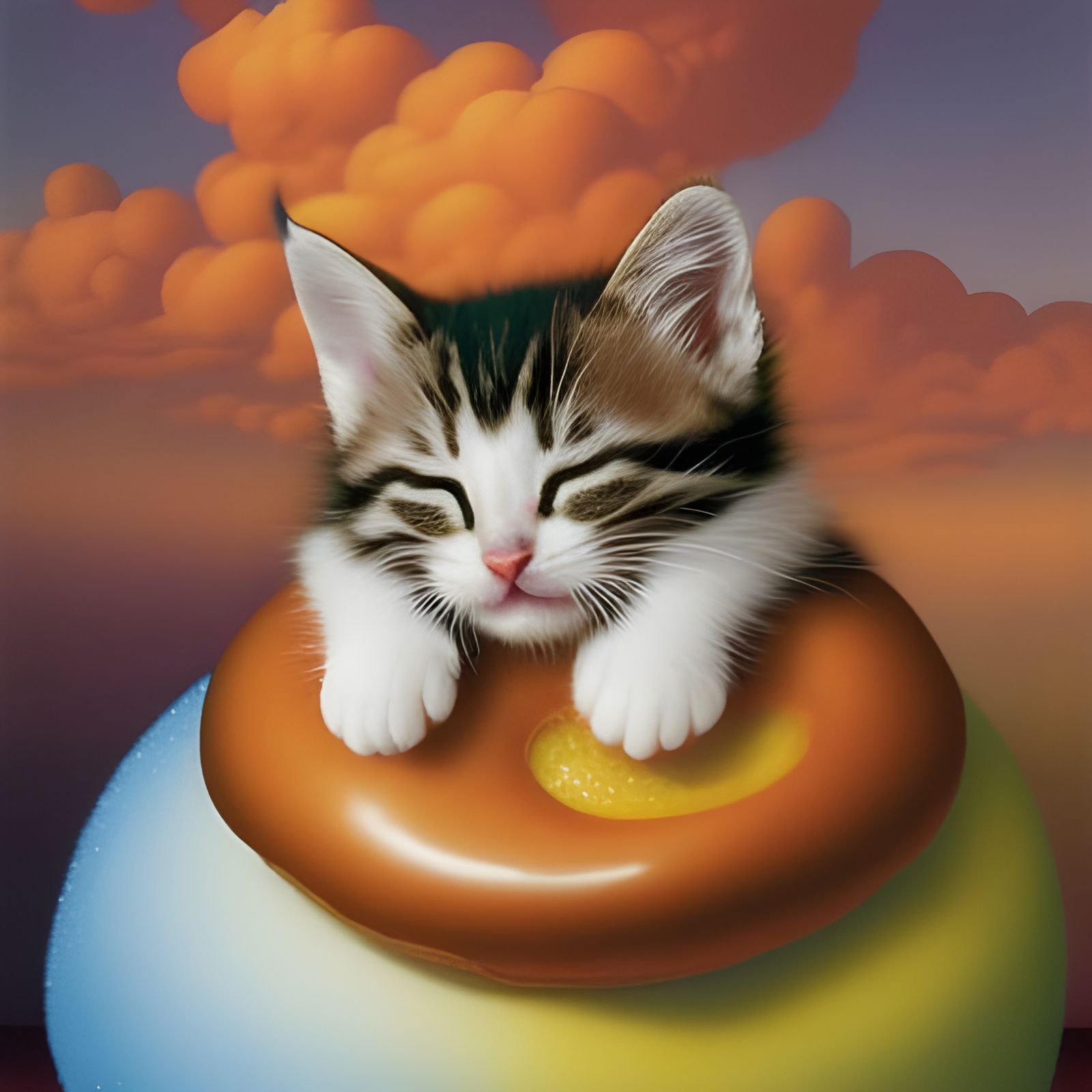 Kitten Napping on Giant Donut, Surreal Pointillism