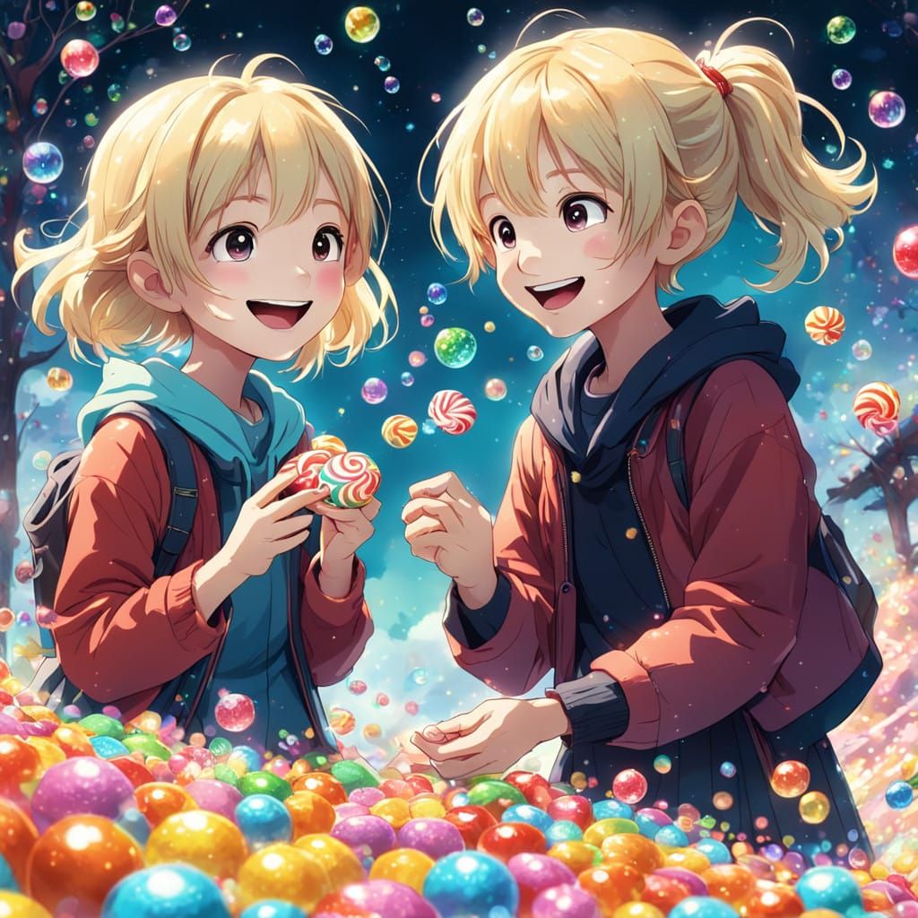 Blonde Children Share Candies in Whimsical Anime-Inspired Sc...