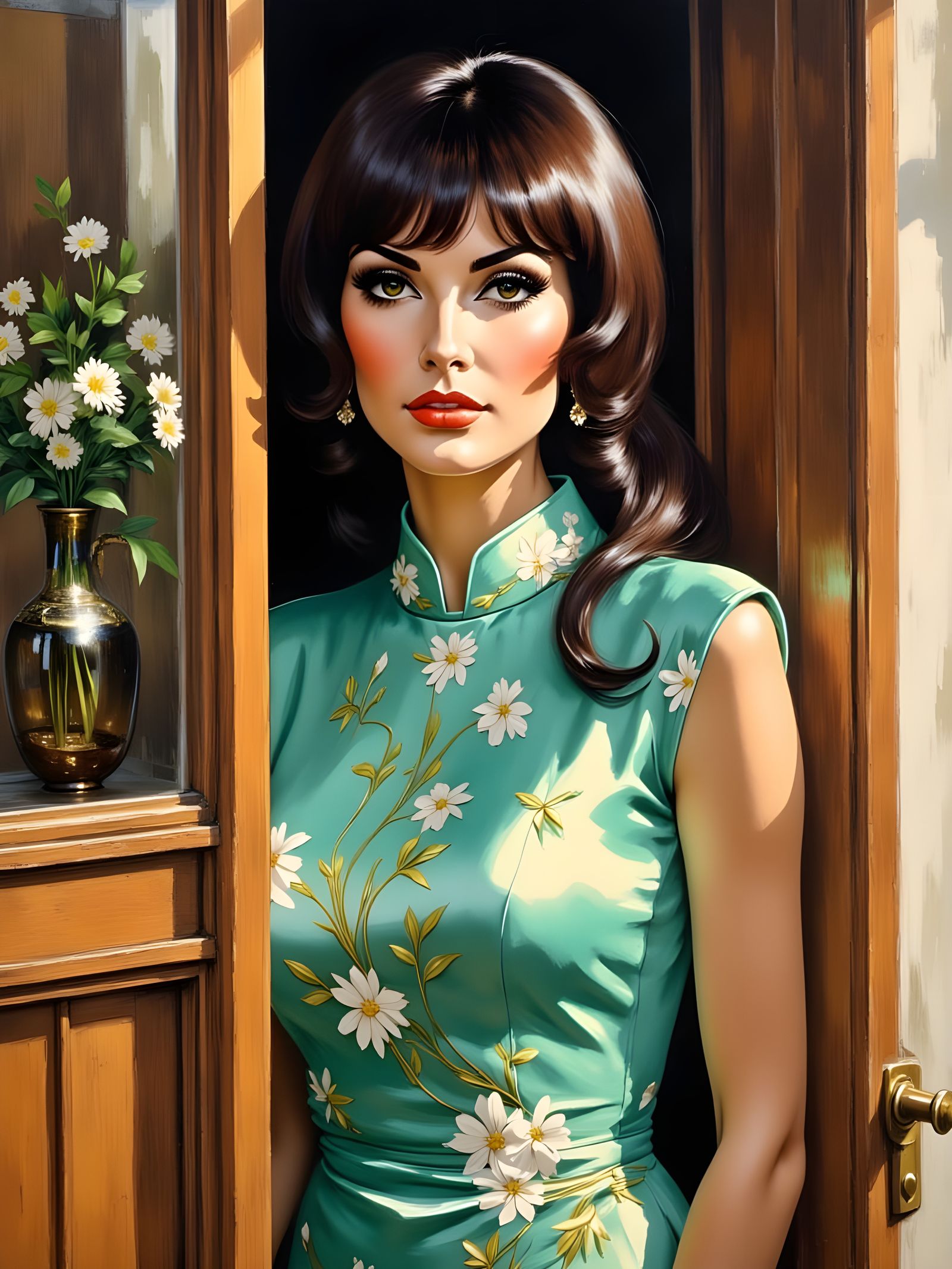 Stunning 1960s Beauty Emerges from Doorway in Mint Green Sat...