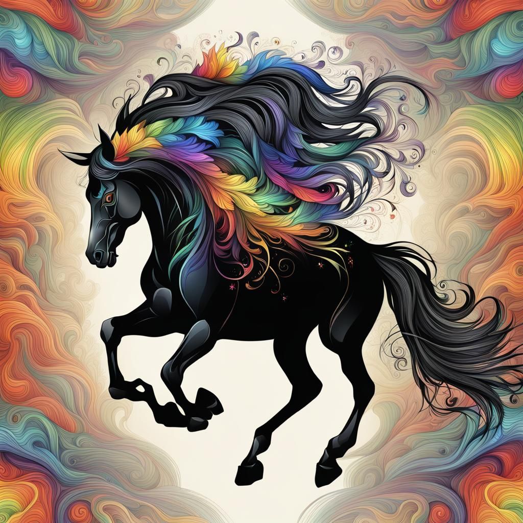 Winged Black Horse with Rainbow Mane