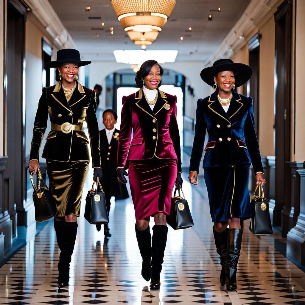 Women in Velvet Skirt Suits with Gold Buttons