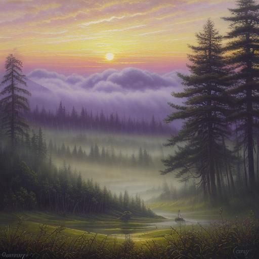 Forested Valley Morning Scene as Oil Painting