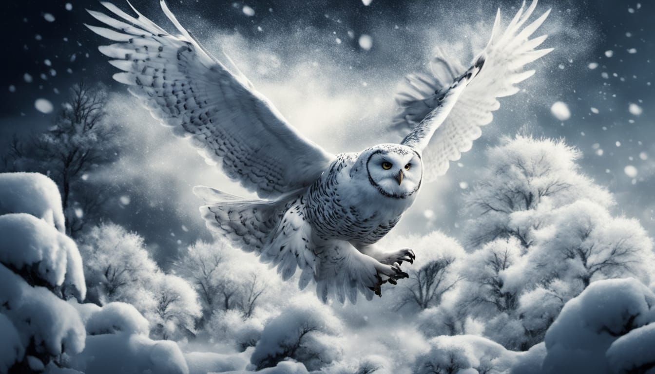 Majestic Great White Owl in Dramatic Flight