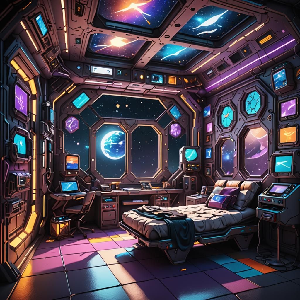 Retro 80s Astronaut Resting Room with Byzantine Stained Glas...