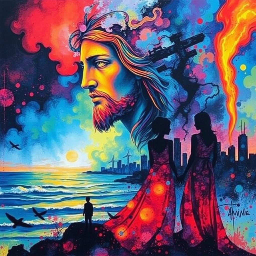 Surreal Batik: Jesus, Shore, and Cityscape in Fluorescent Co...