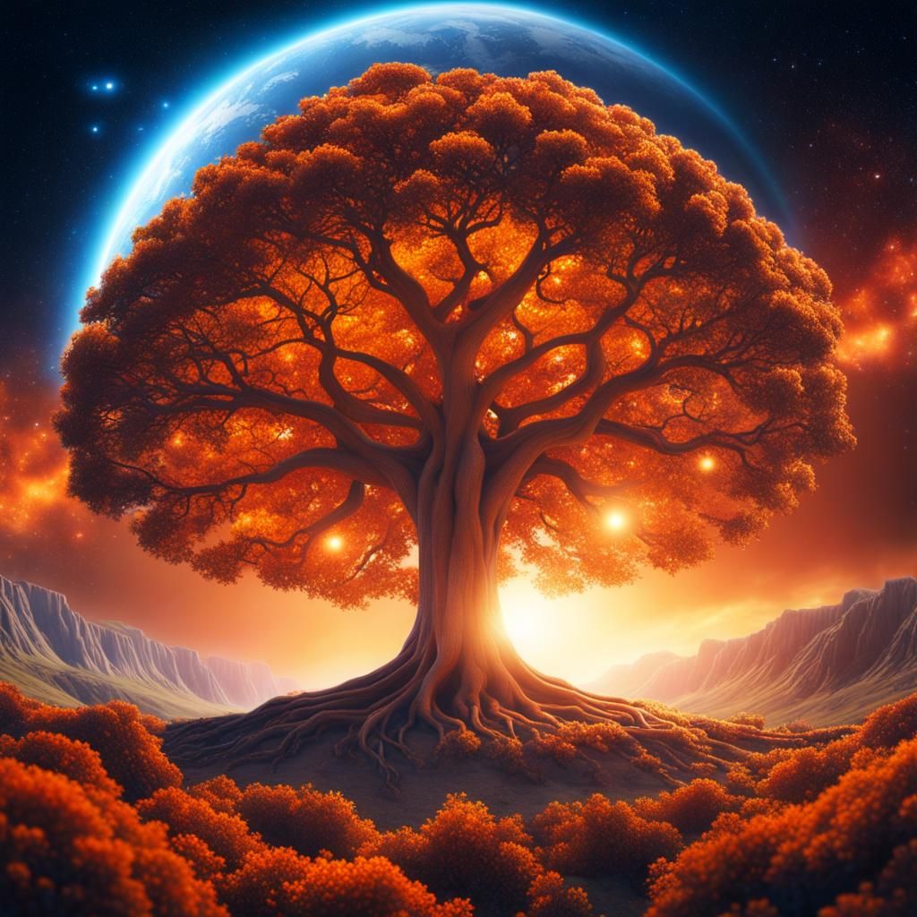 Gigantic Orange Galaxy Tree in Surreal Field