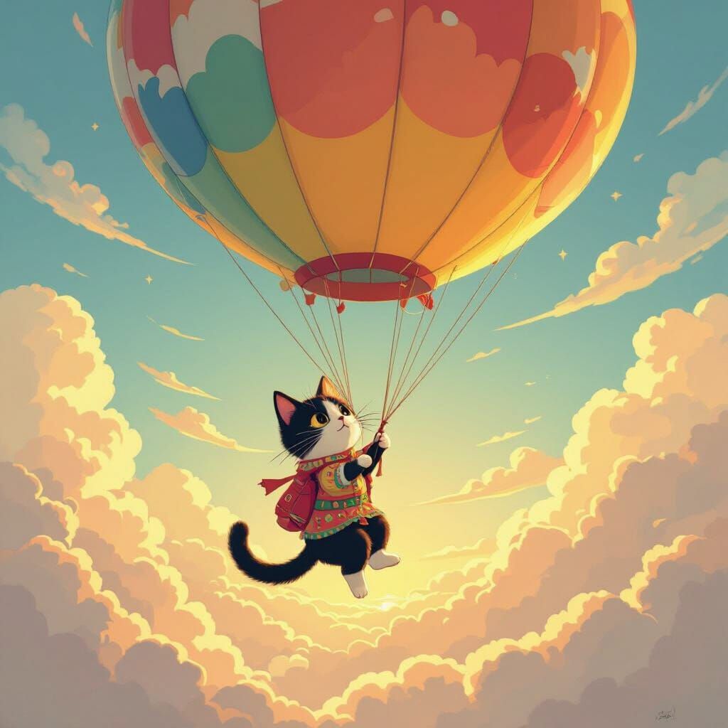 Cat Soaring on Balloon in Miyazaki Style Sky