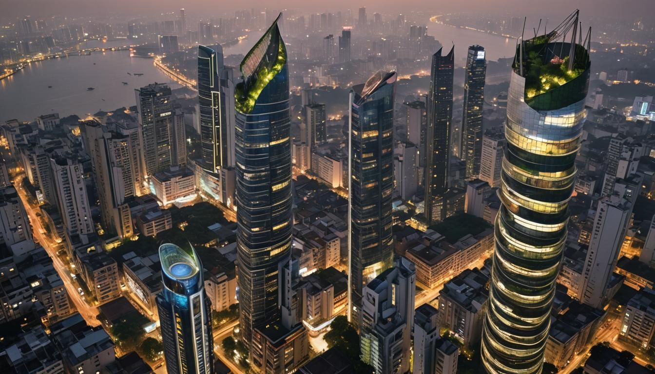 Futuristic Kolkata Skyline at Dusk in Cyberpunk Style