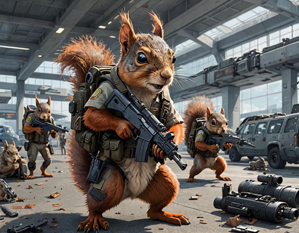 Biopunk Squirrels Riot in Dystopian Airport