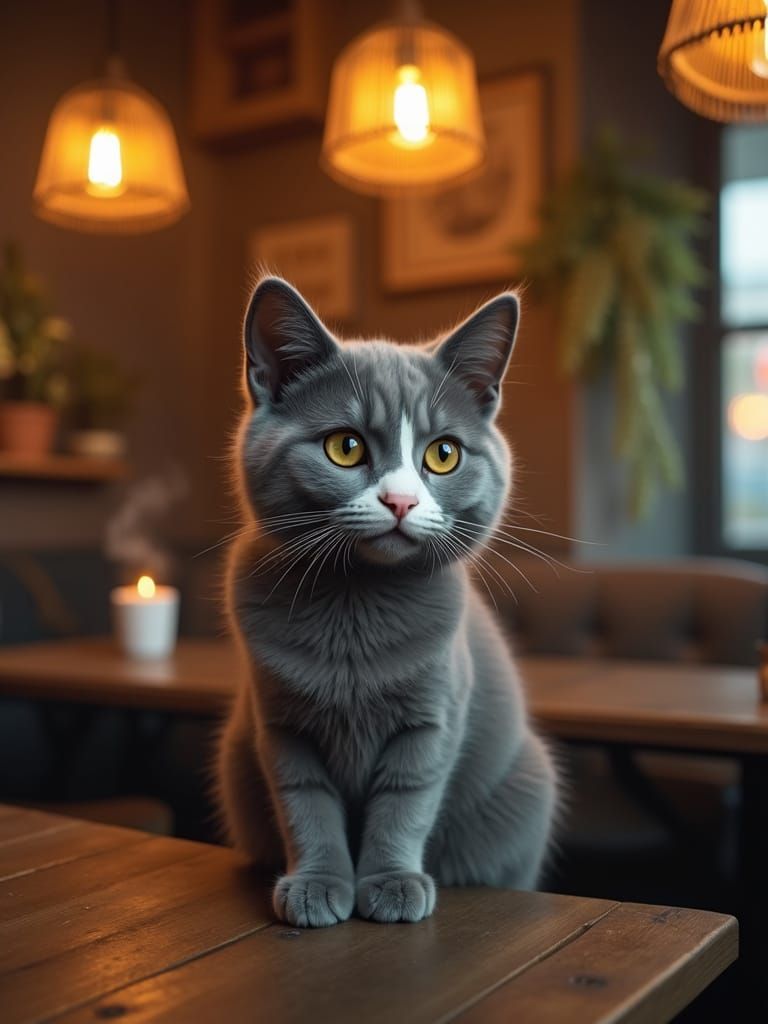 Ethereal Coffee Shop Cat in Soft Gray with White Nose Patch