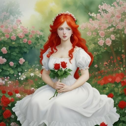 Red-Haired Princess in Rose Garden, Gouache Style