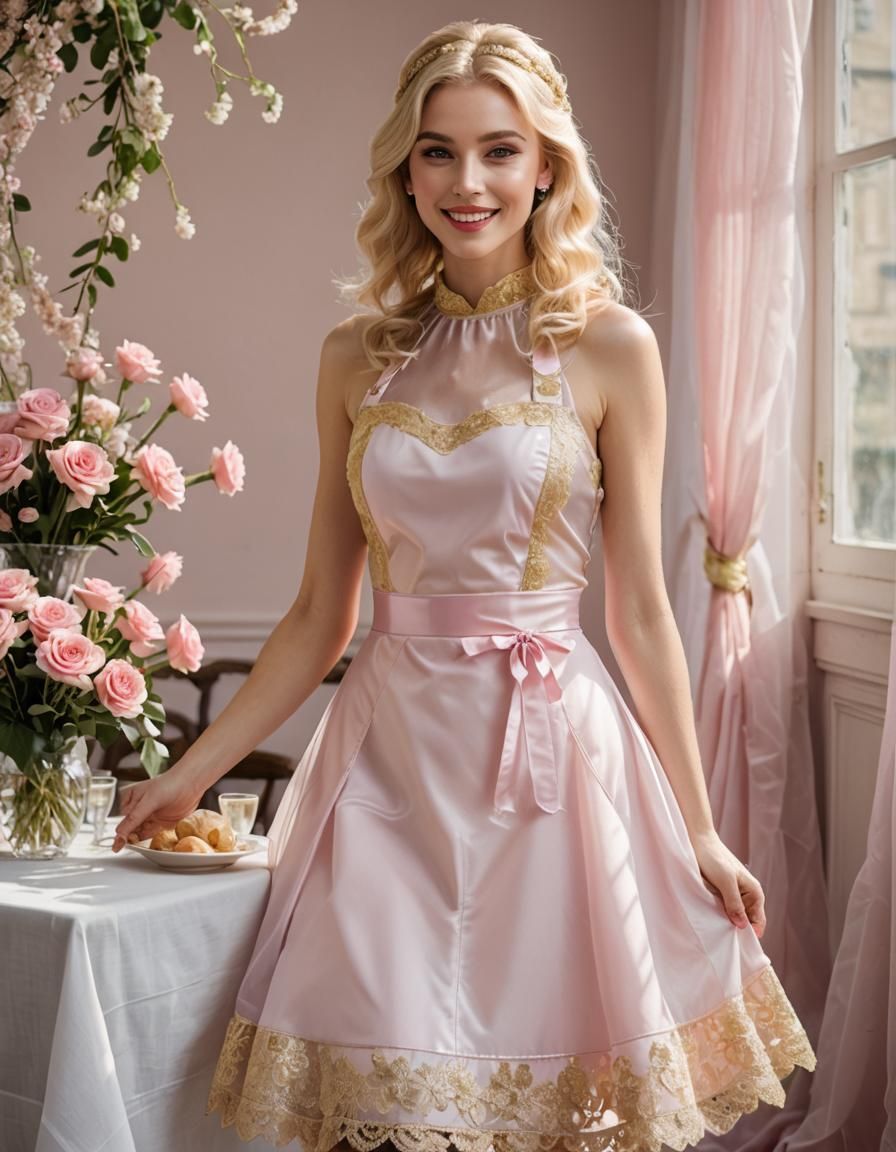 Blonde Woman in Pink Plastic Maid Outfit