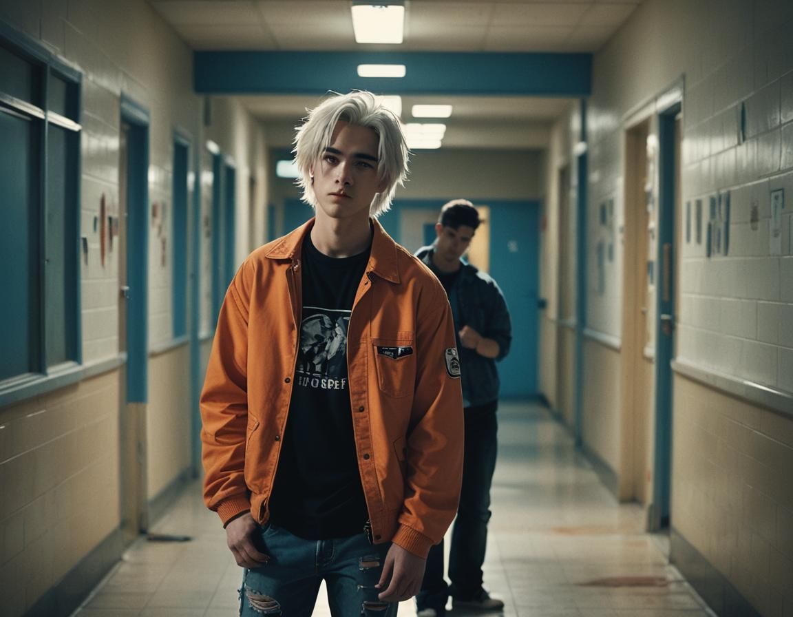 Anime Style Young Man in High School Hallway