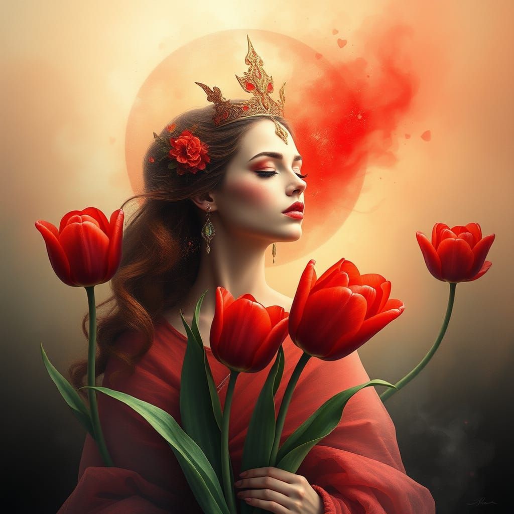 Red Tulips and Flower Goddess: Dreamlike Artistry