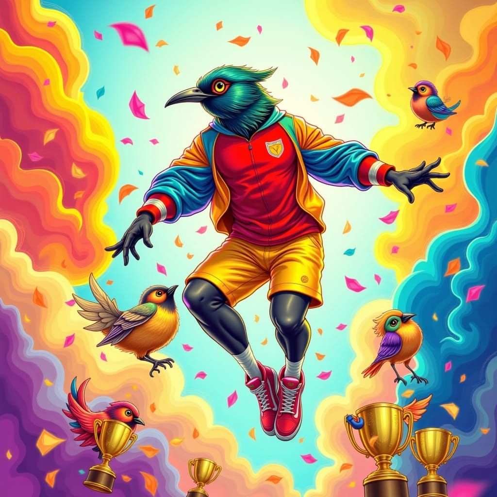 Robin Celebrates Victory with Bird Friends in Neon Style