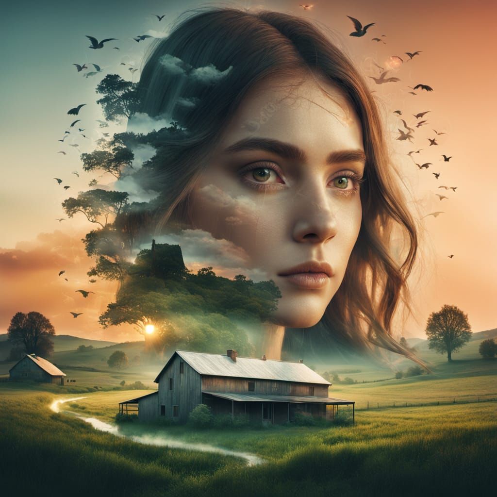 Surreal Double Exposure: Woman and Rural Landscape