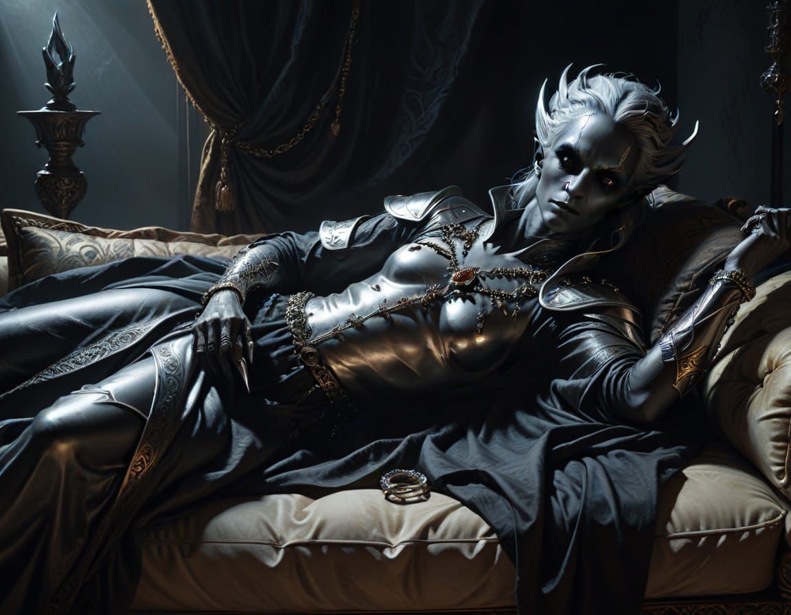 Dark Elf Resting Elegantly in Deep Shadows