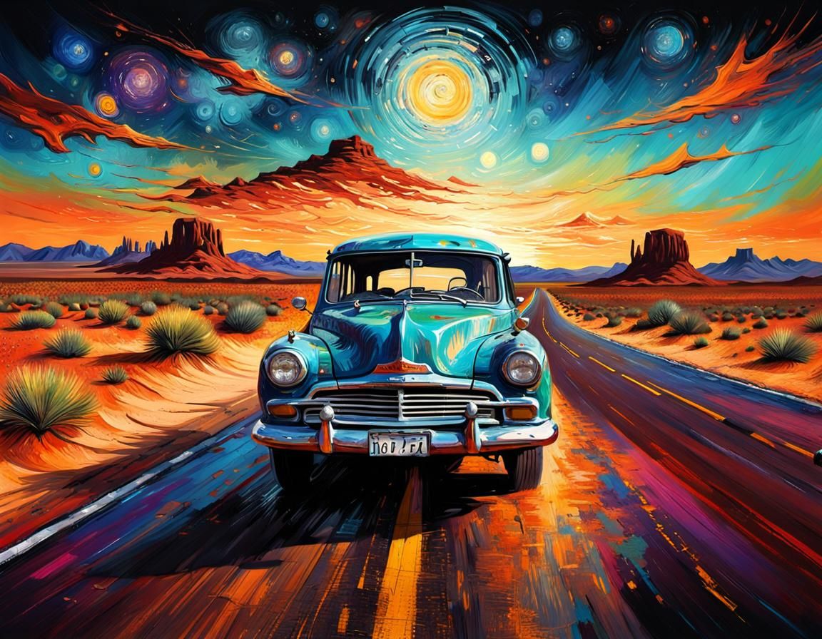 Classic Car Road Trip on Desert Highway