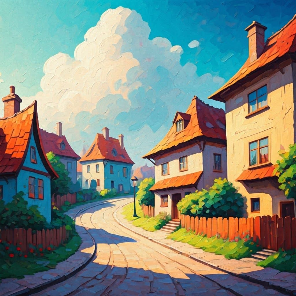 Whimsical Houses on Winding Road as Impressionist Painting