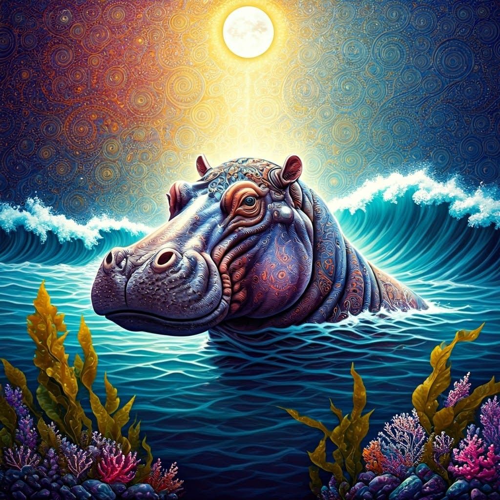 Majestic Steampunk Hippo in Vibrant, Dreamlike Galaxy