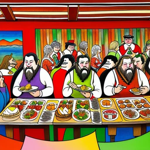 Whimsical Feast: Naive Art of Gluttony at Buffet