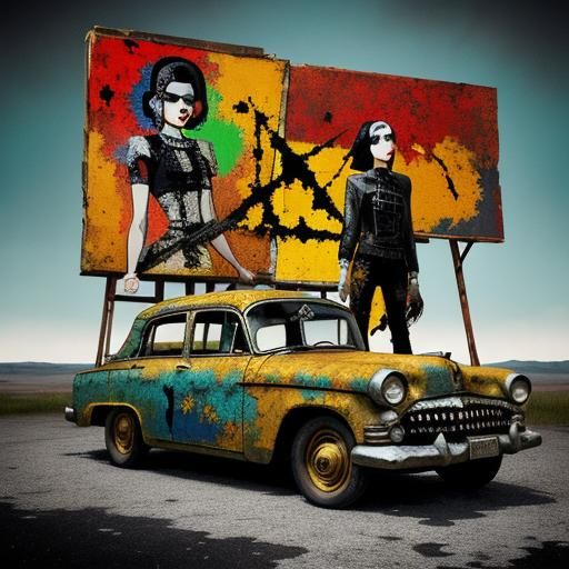 Goth Model and Car in Pop Art Style