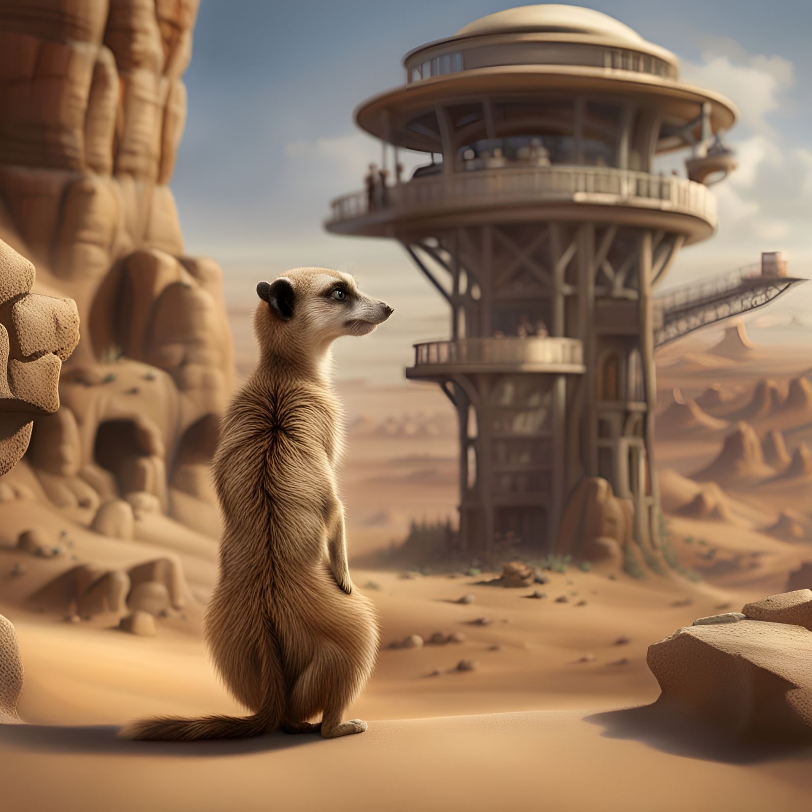 Meercat Lookout in Detailed Matte Painting Style
