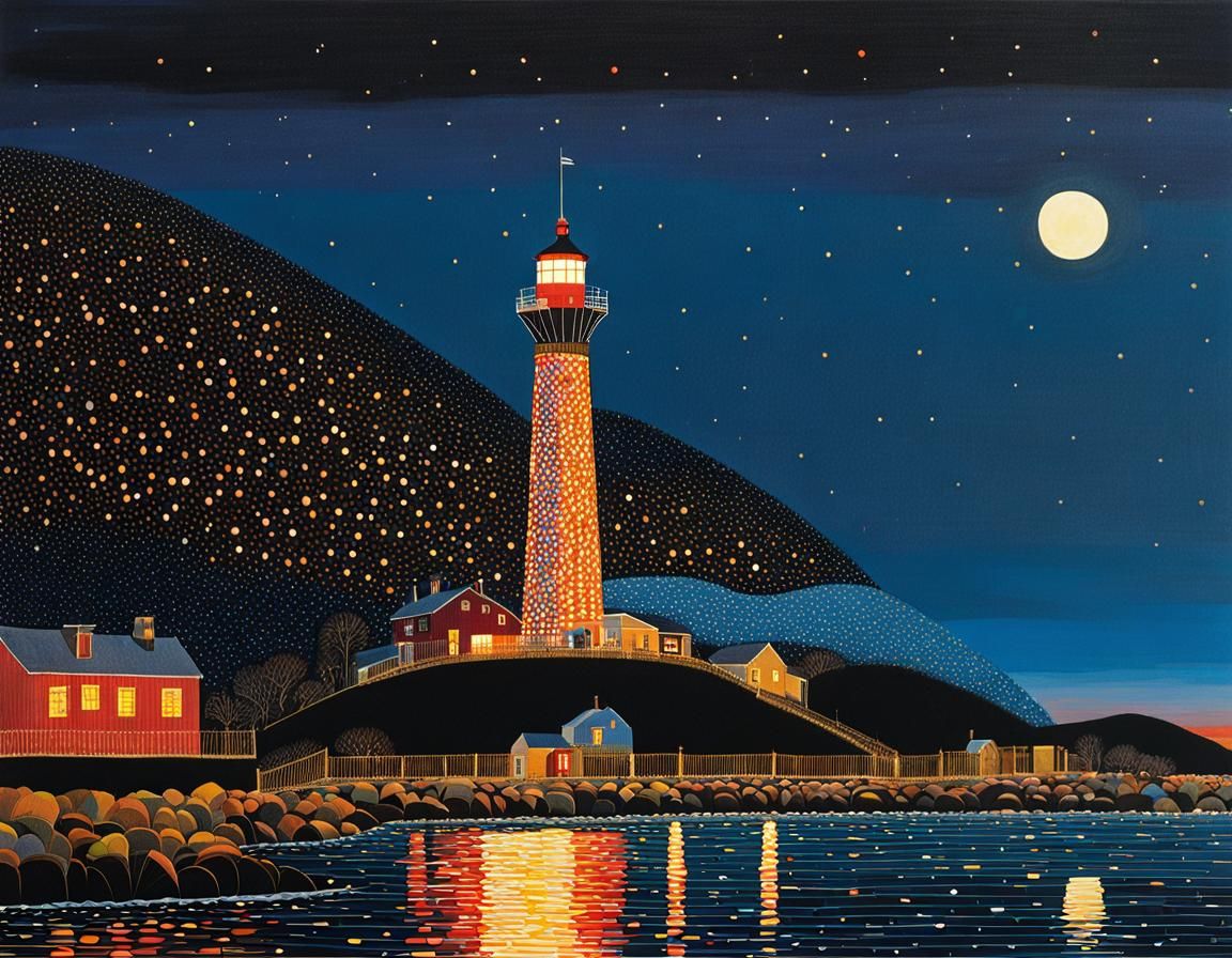 Lighthouse Sunset in Mid-Century Modern Style