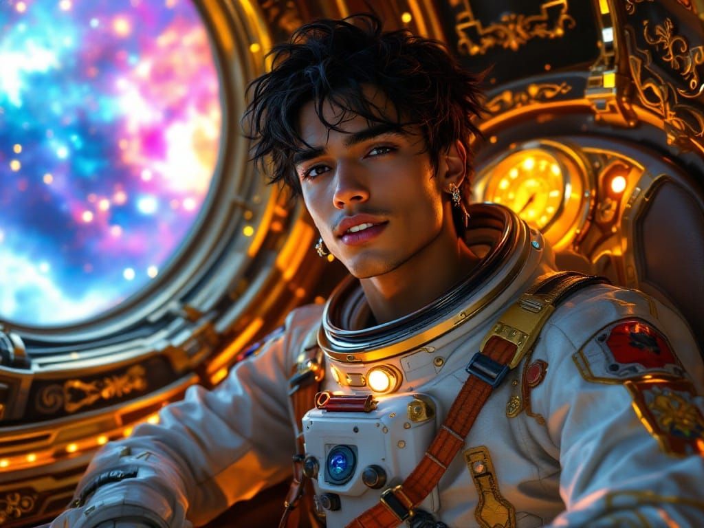 Dashing Latino Astronaut in a Lavish Rococo-Style Spaceship