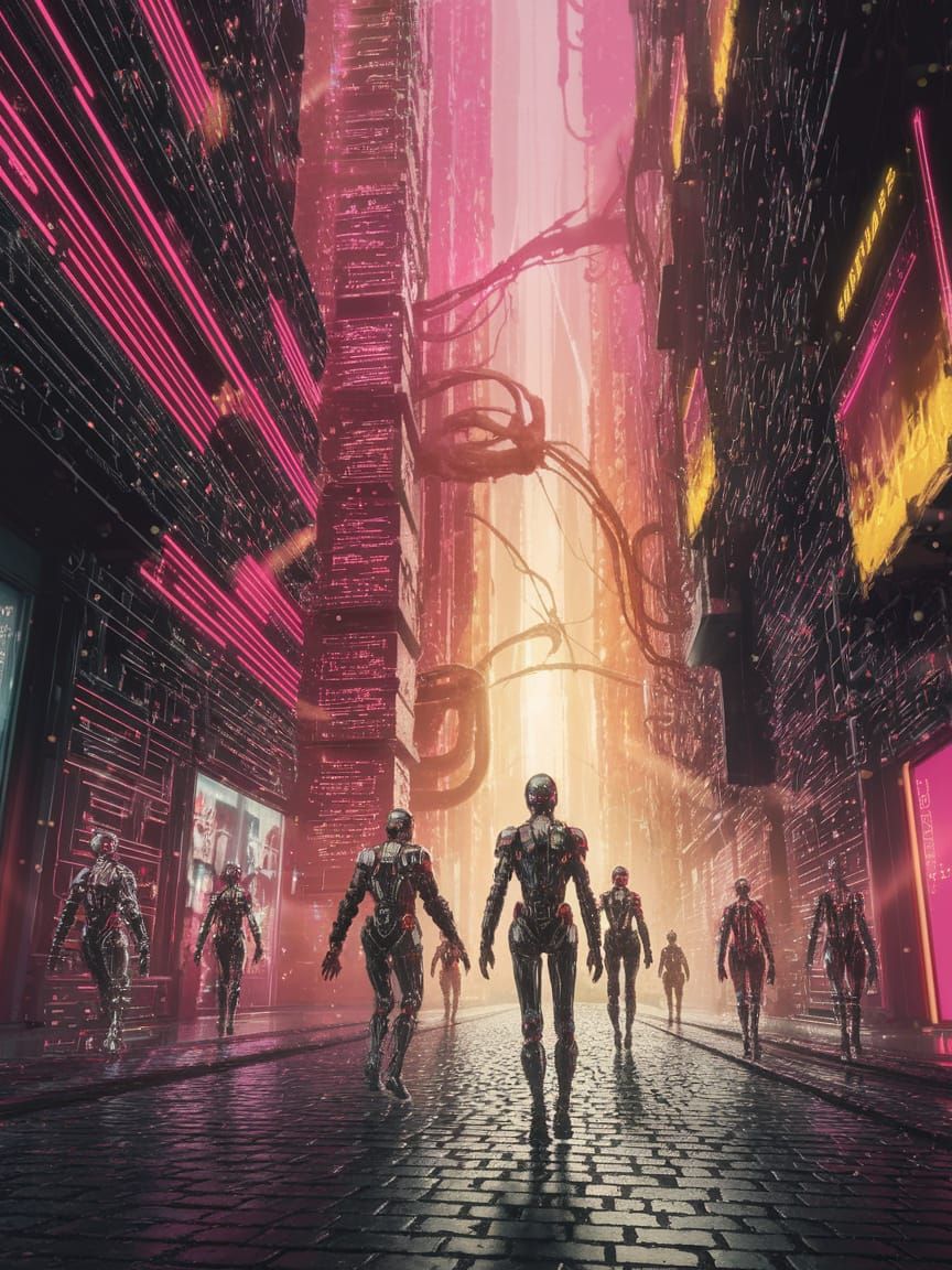 Cyberpunk Fantasy Cityscape with Glowing Circuits and Metall...