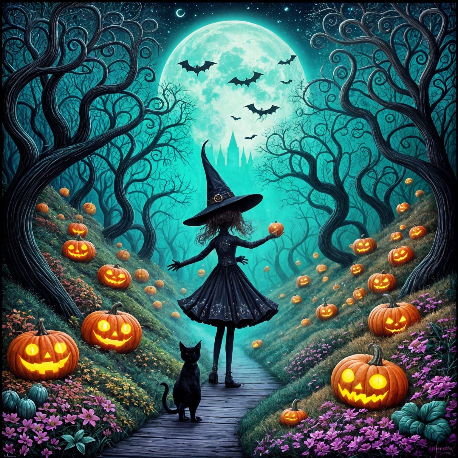 Witch, Cat, and Pumpkin Creatures Dance in Eerie Moonlit For...