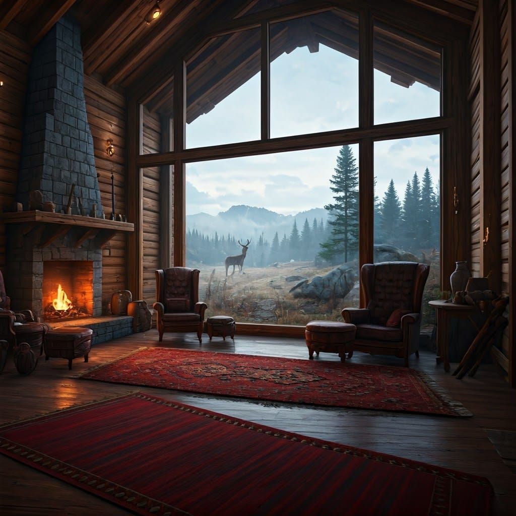 Cozy Lodge Interior with Highland View in Matte Painting