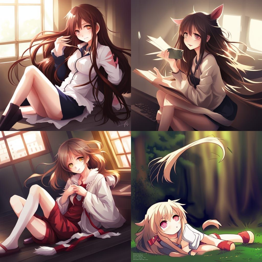 Playful Anime Cat Girl with Messy Hair