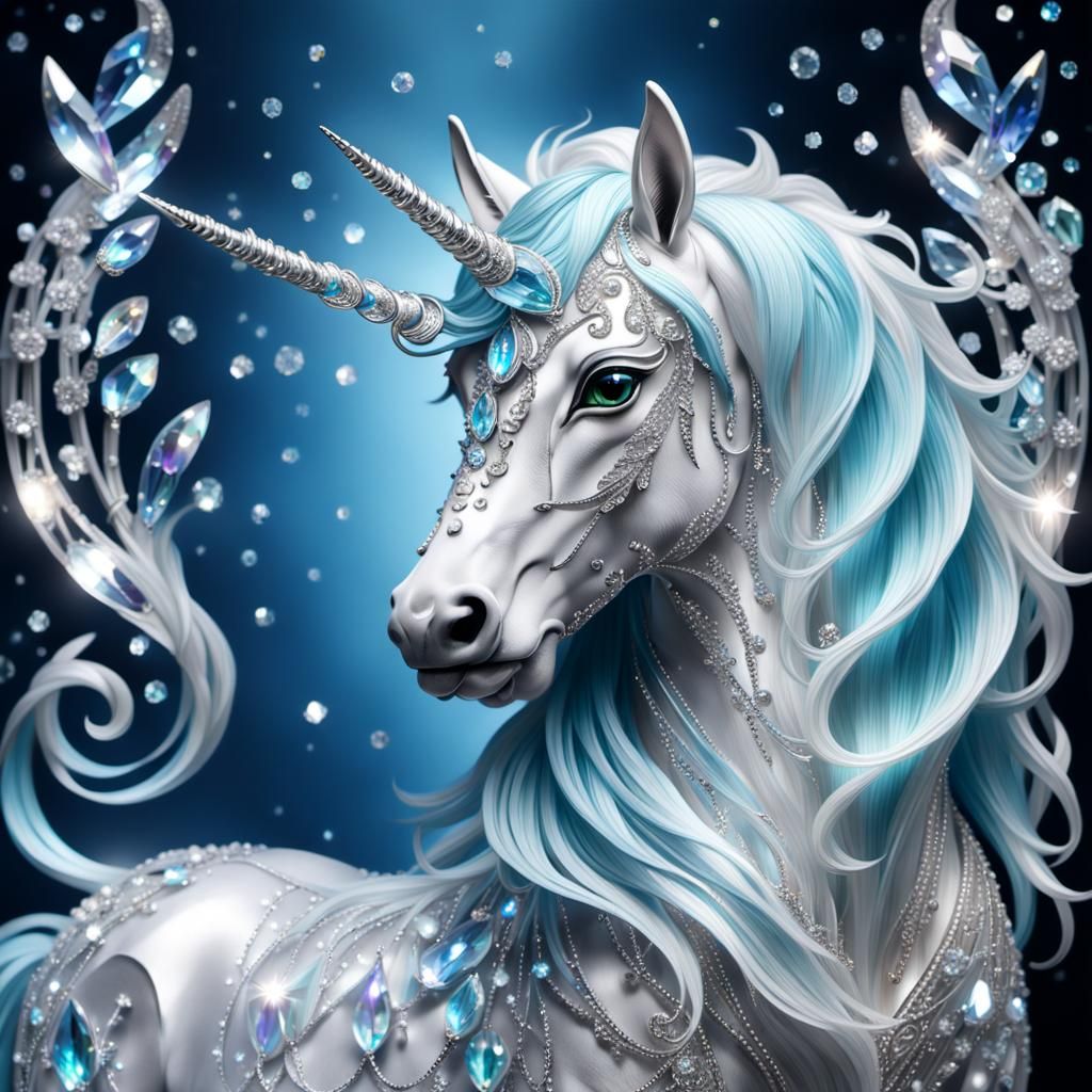 Icy Crystal Unicorn with Flowing Mane, Digital Art